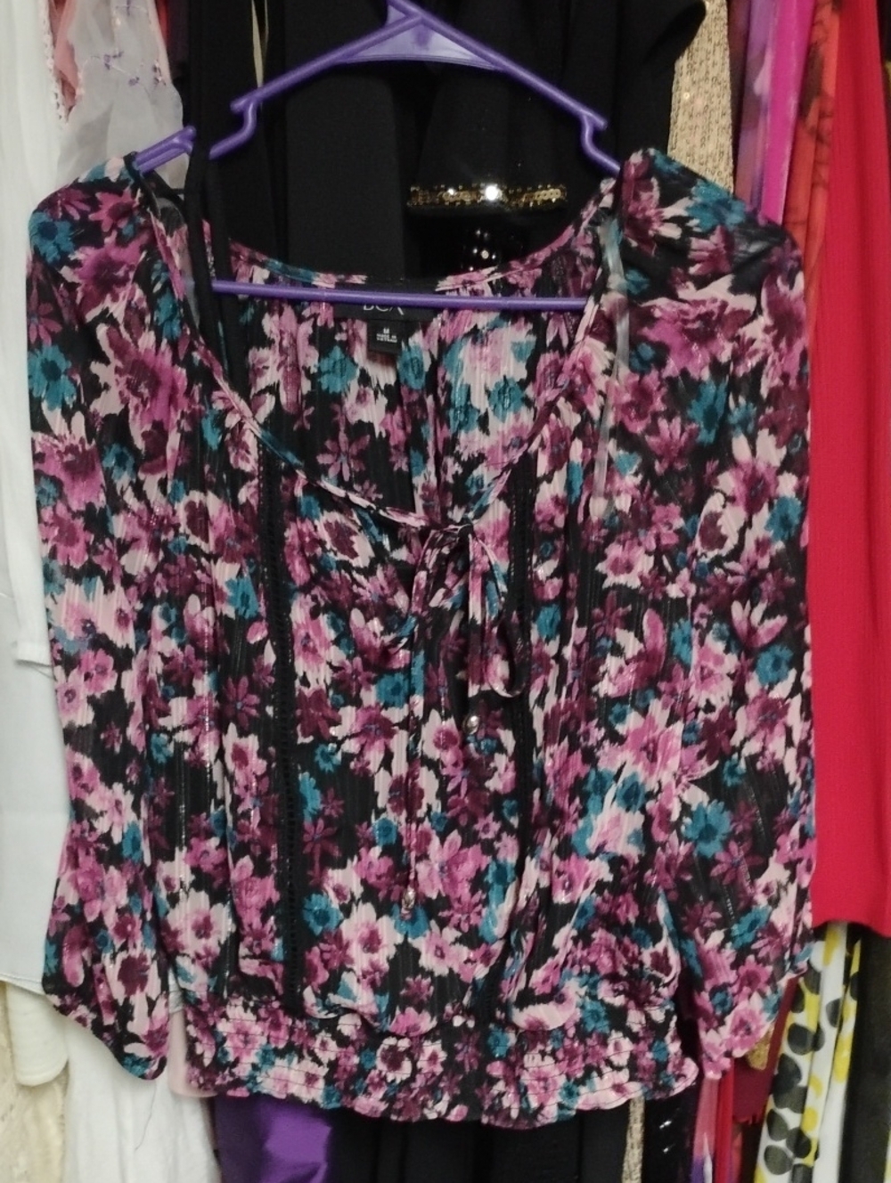 BCX Black Floral Tie-Neck Peasant Blouse with Pink & Teal Flowers